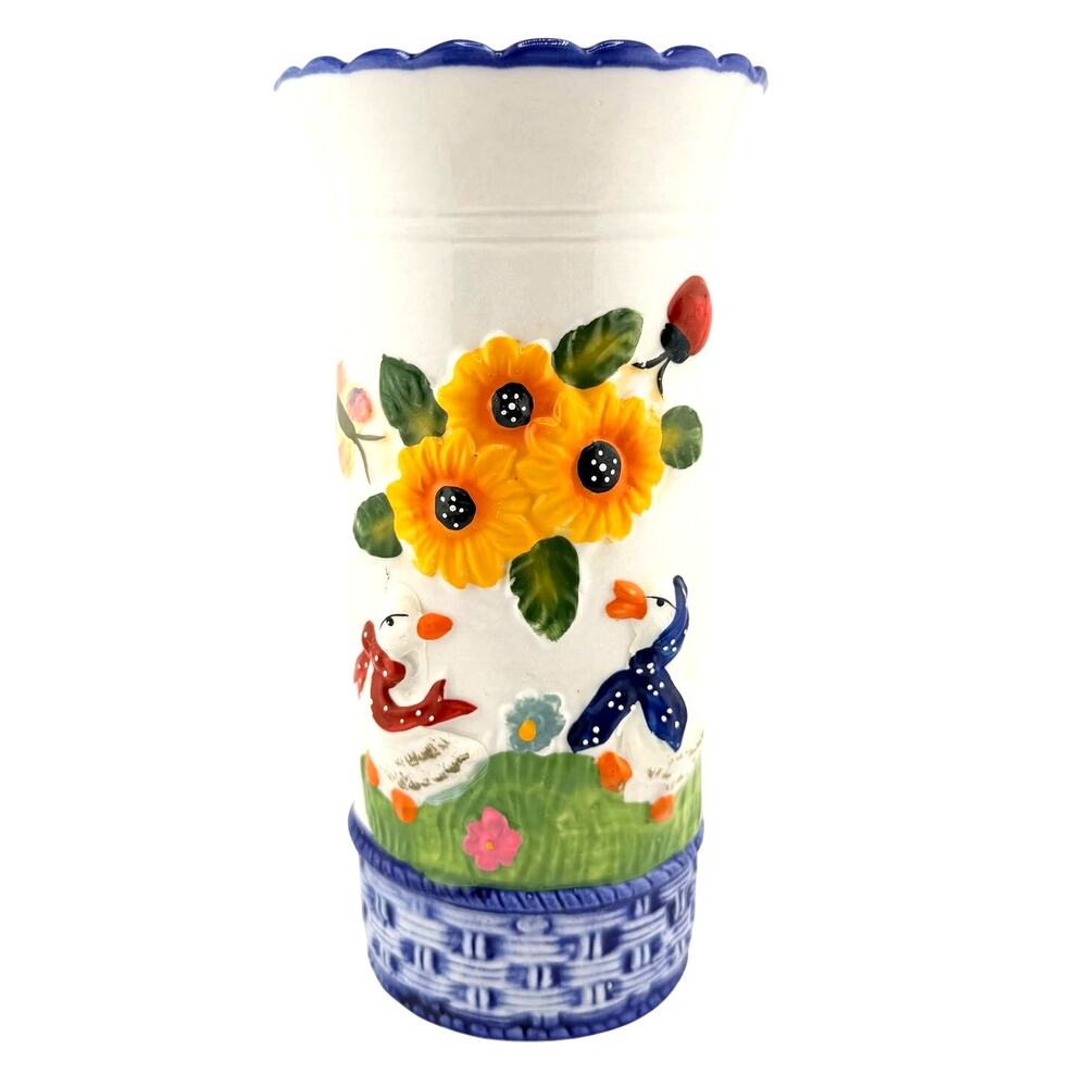 Cottagecore Country White Ceramic Vase Hand-Painted Flowers Ducks Vintage